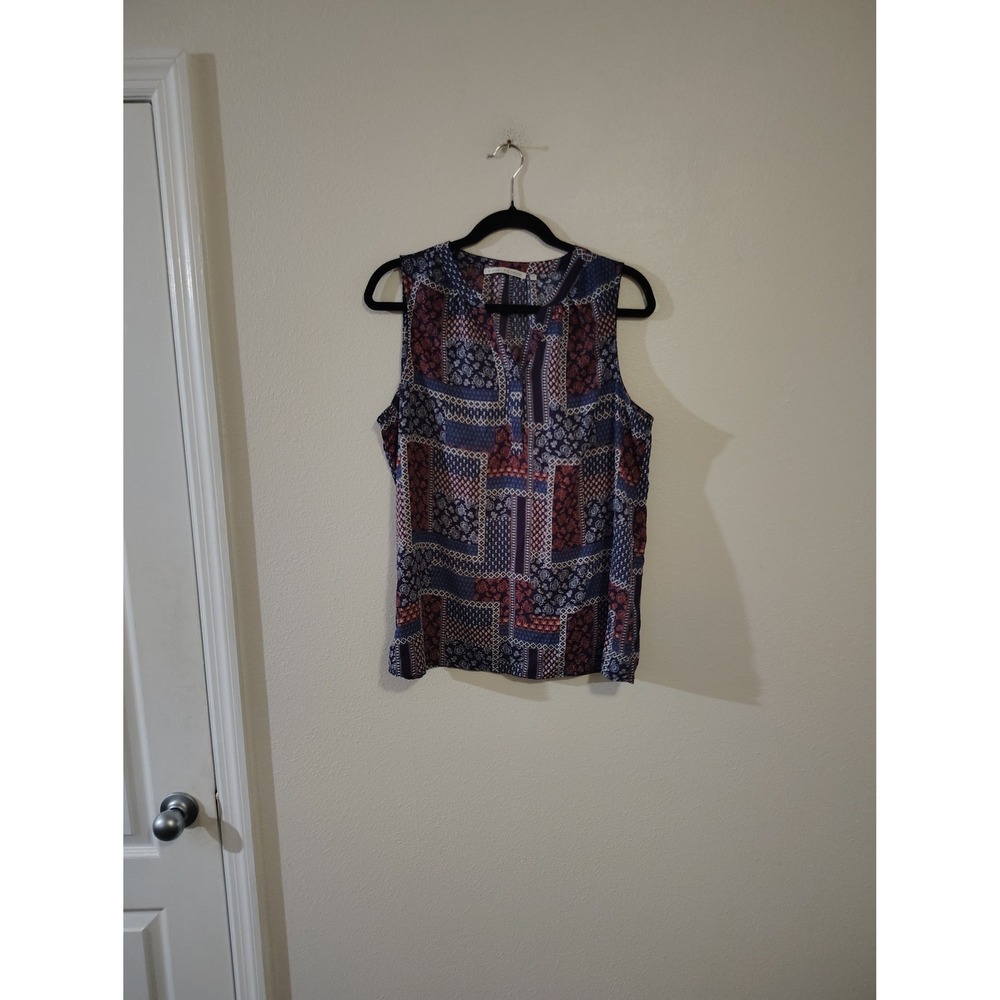 Violet + Claire Womens Large Sleeveless Patchwork Print Split V-Neck Blouse Navy